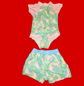 Floatimini Pink and Green Kids Swim Trunks and Top